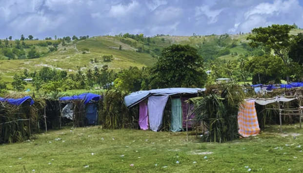 Temporary shelter being used in Haiti one year after the August 14, 2021 earthquake.